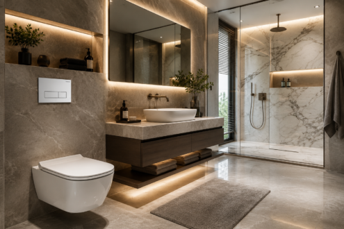 Geberit concealed cistern and wall-hung toilet in a luxury modern bathroom with Swiss-inspired design